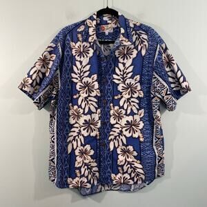 Vtg Hilo Hattie Men Blue Short Sleeve Button Up Cotton Hawaiian Shirt Size L